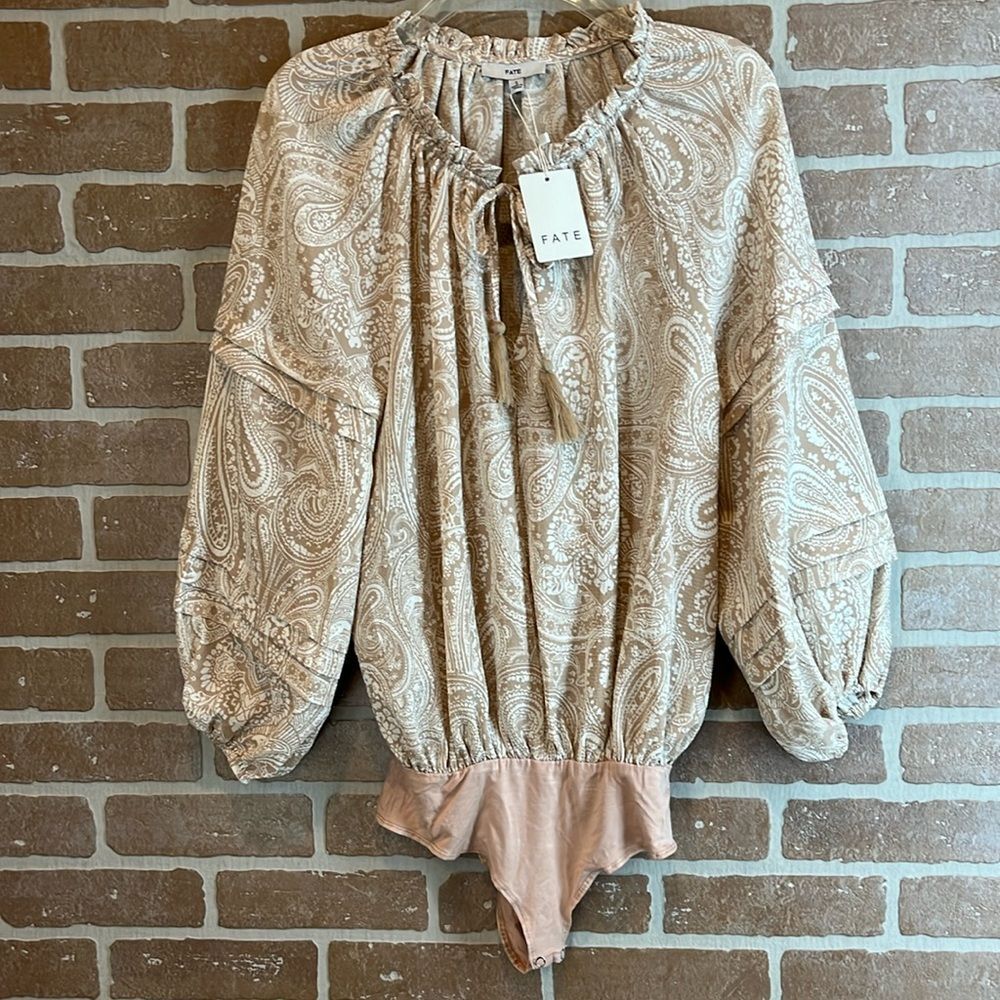 Fate Paisley Print Beige and White Long Sleeve Blouse Bodysuit